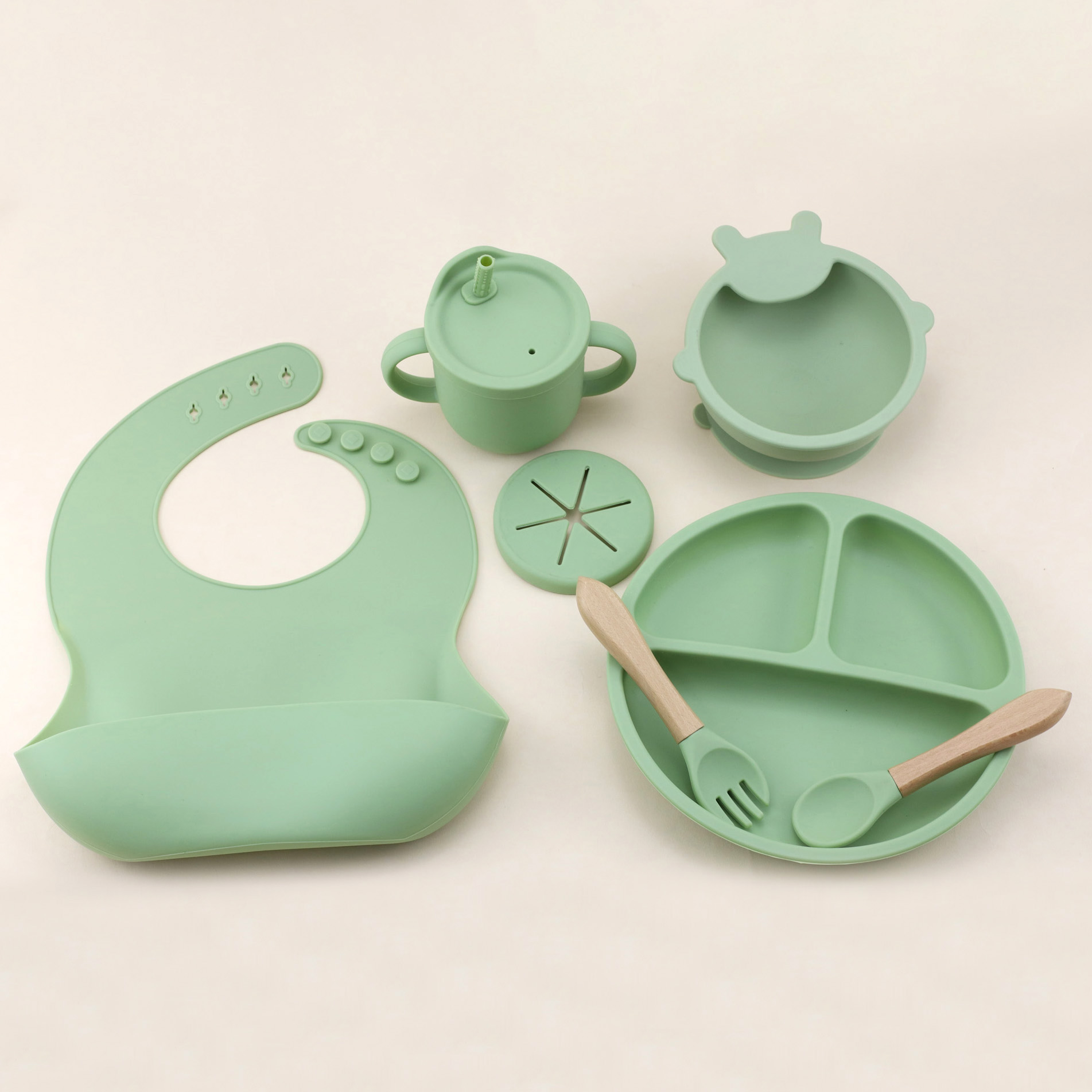 Baby Food Pouches - 7pcs silicone tableware set, baby bib,