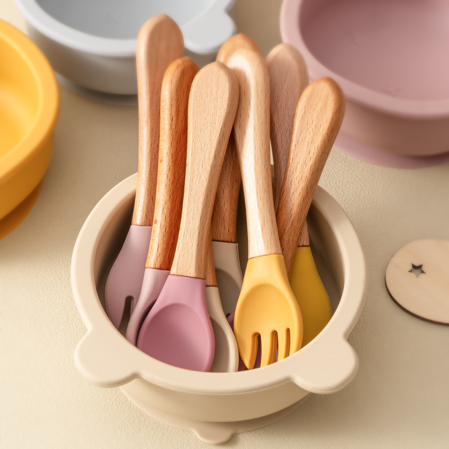 Weaning Spoon Set - Mamaplan Silicone Baby Spoon Fork Wooden